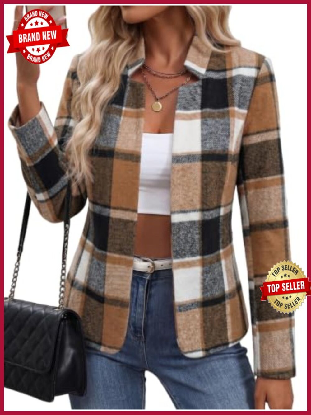 Open Front Plaid Tweed Blazer Fitted Stand Collar Business Casual Women's Jacket